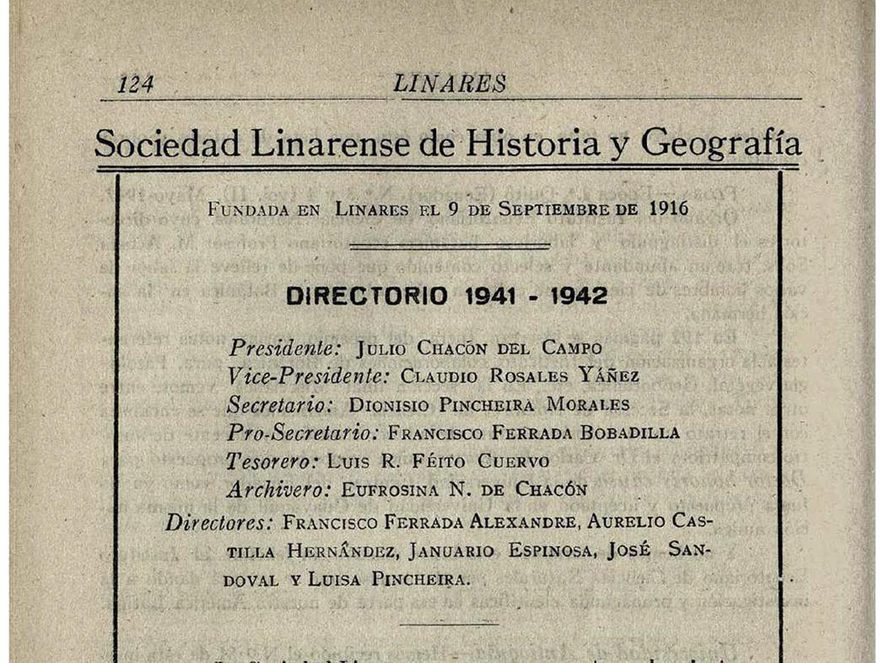 Directorio 1941-1942 de la Sociedad Linarense de Historia y Geografía