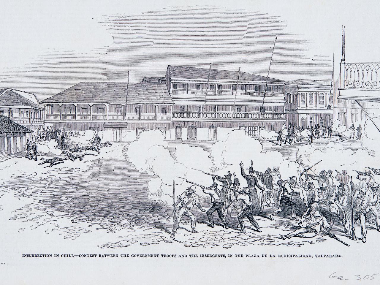 Insurrection in Chili. Contest between the Government Troops and the Insurgents, in the Plaza de la Municipalidad, Valparaíso