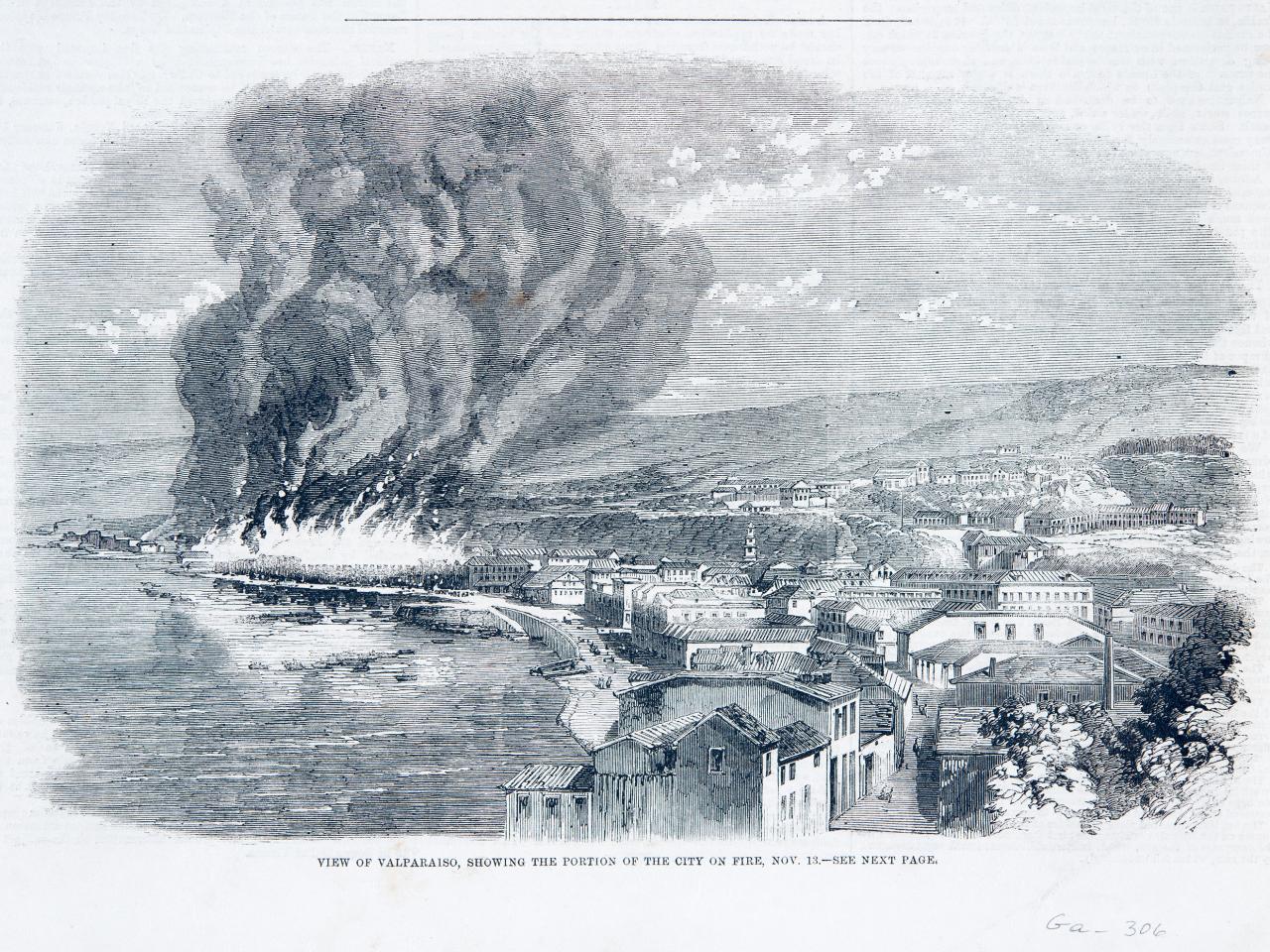 View of Valparaíso, showing the portion of the city on fire