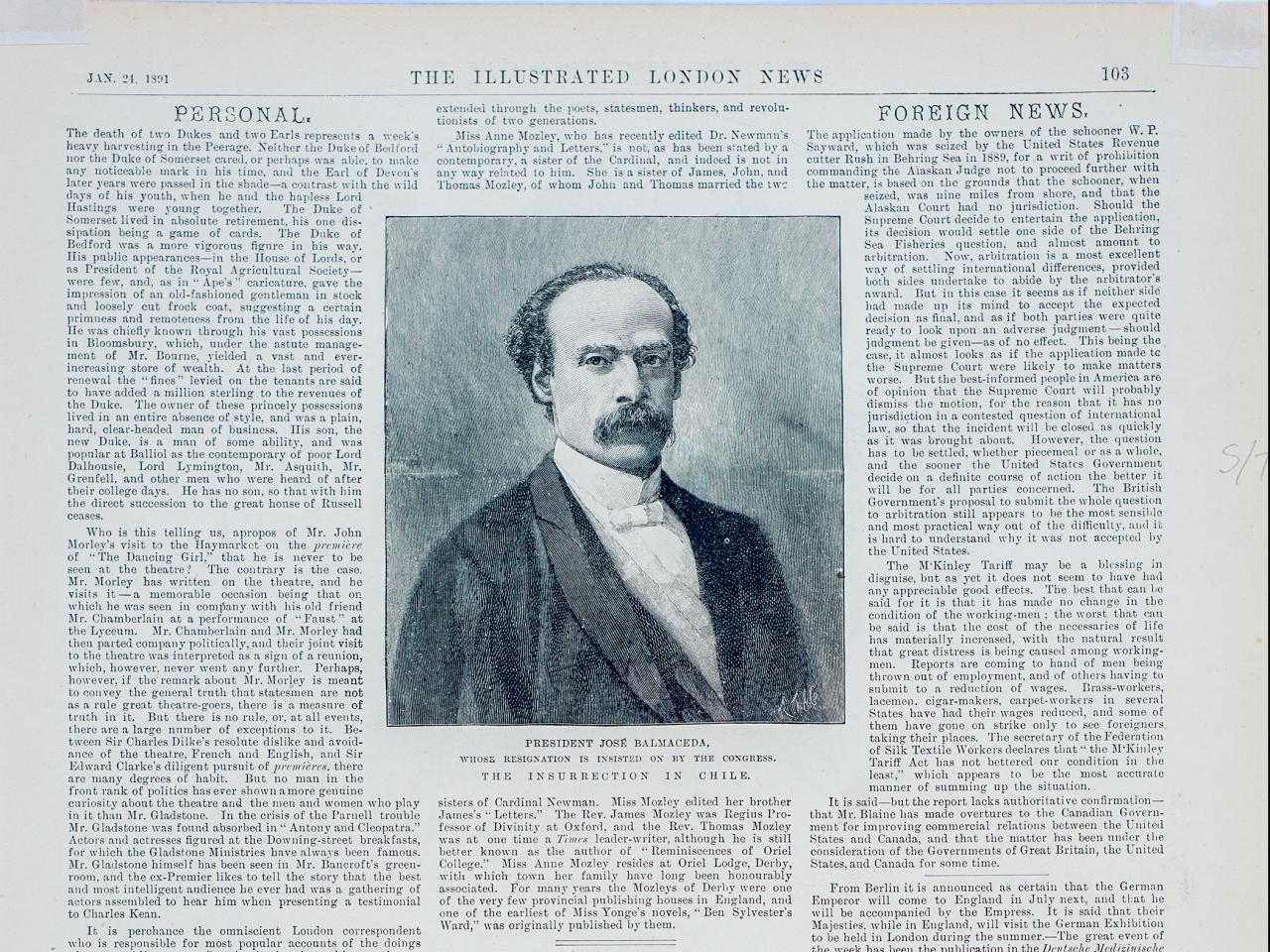 Página de periódico, The Illustrated London News, Londres, 24 de enero de 1891