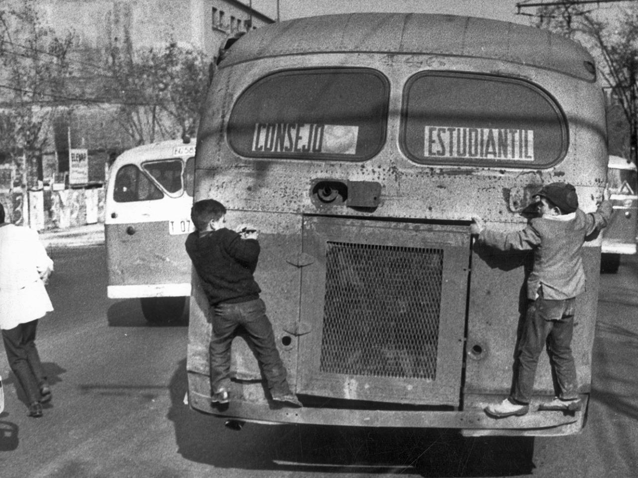 Niños afirmados en la parte trasera de un bus
