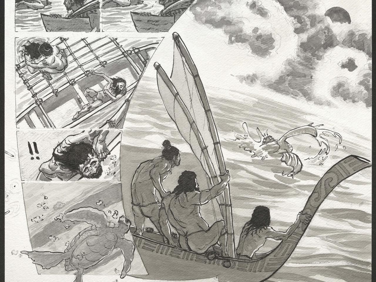 Tres exploradores se encuentran con Honu, el espíritu que los guiará a la isla