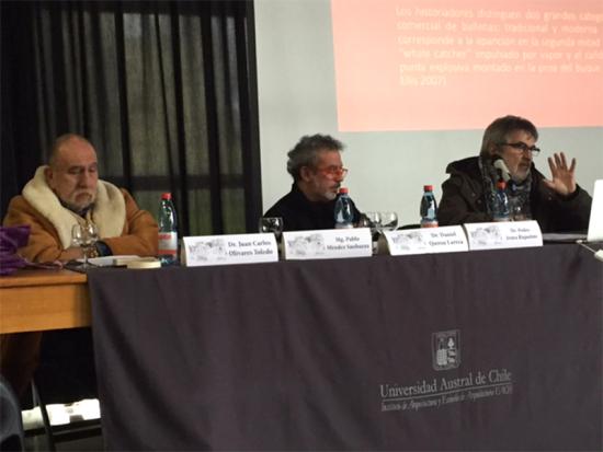 Juan Carlos Olivares, Pedro Araya y Daniel Quiroz, en encuentro Cordero con Luche: etnografías, poéticas y cuadernos de campo, valdivia 2018.