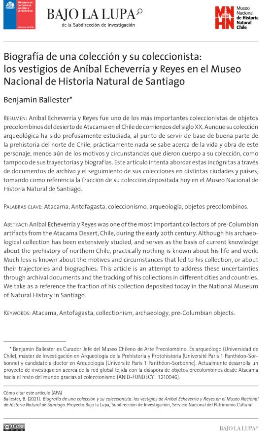 Biografía de una colección y su coleccionista: los vestigios de Aníbal Echeverría y Reyes en el Museo Nacional de Historia Natural de Santiago