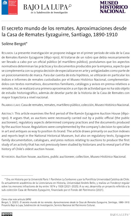 El secreto mundo de los remates. Aproximaciones desde la Casa de Remates Eyzaguirre, Santiago, 1890-1910