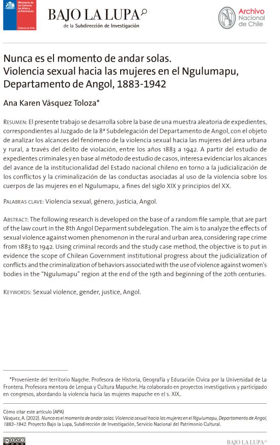 Nunca es el momento de andar solas. Violencia sexual hacia las mujeres en el Ngulumapu, Departamento de Angol, 1883-1942
