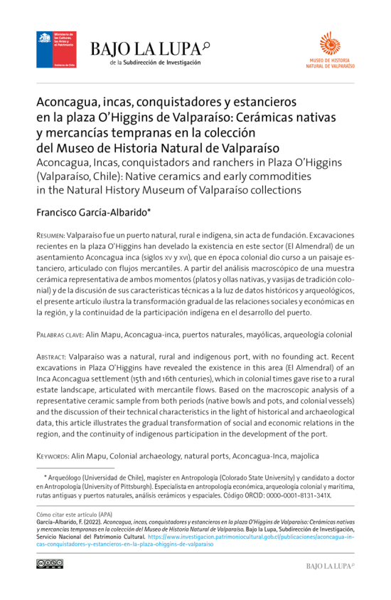 Aconcagua, incas, conquistadores y estancieros en la plaza O’Higgins de Valparaíso: Cerámicas nativas y mercancías tempranas en la colección del Museo de Historia Natural de Valparaíso