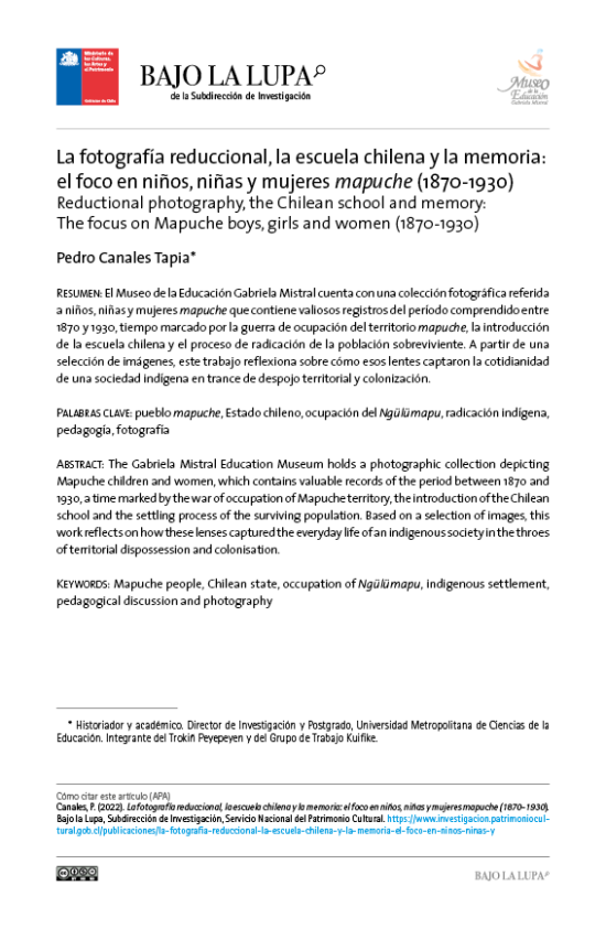 La fotografía reduccional, la escuela chilena y la memoria: el foco en niños, niñas y mujeres mapuche (1870-1930)