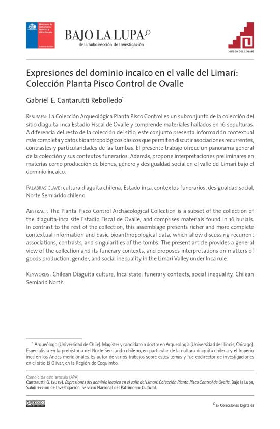 Expresiones del dominio incaico en el valle del Limarí: Colección Planta Pisco Control de Ovalle