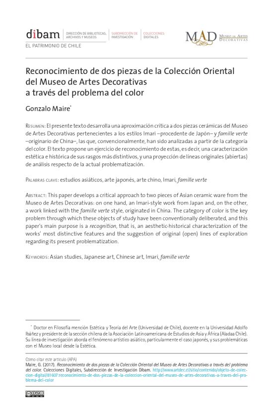Reconocimiento de dos piezas de la Colección Oriental del Museo de Artes Decorativas a través del problema del color Reconocimiento de dos piezas de la Colección Oriental del Museo de Artes Decorativas a través del problema del color