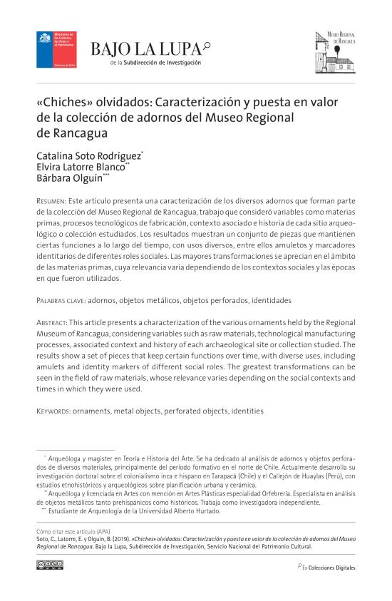 «Chiches» olvidados: Caracterización y puesta en valor de la colección de adornos del Museo Regional de Rancagua