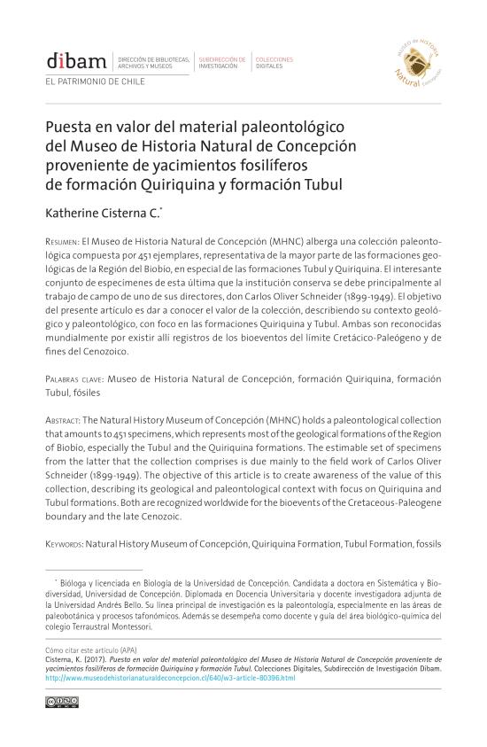 Puesta en valor del material paleontológico  del Museo de Historia Natural de Concepción proveniente de yacimientos fosilíferos de formación Quiriquina y formación Tubul
