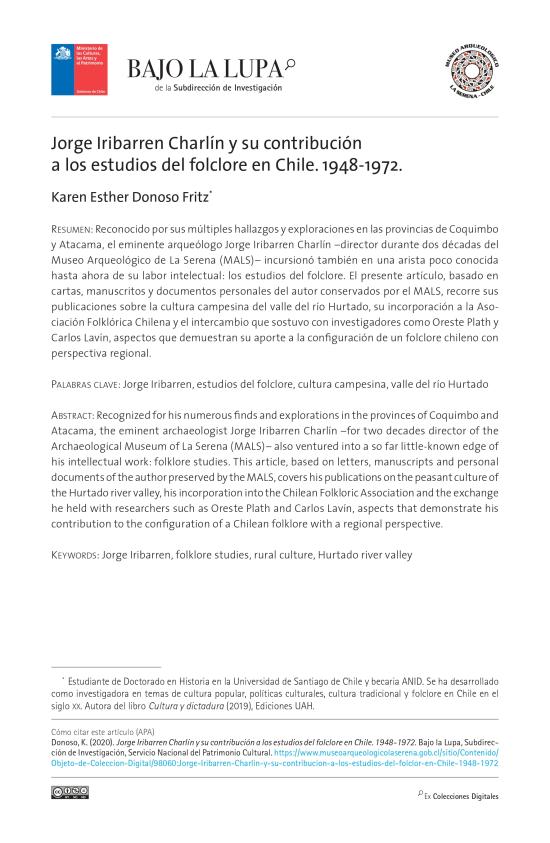 Jorge Iribarren Charlín y su contribución a los estudios del folclore en Chile. 1948-1972.