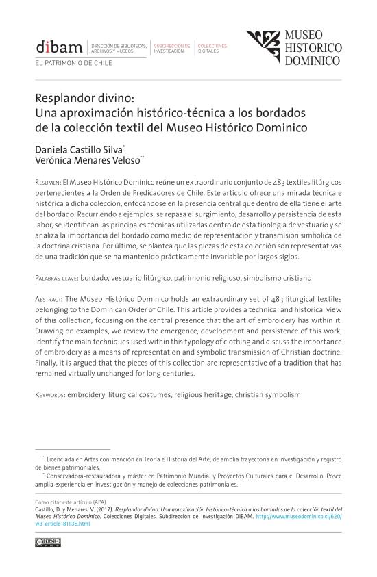 Resplandor divino: Una aproximación histórico-técnica a los bordados de la colección textil del Museo Histórico Dominico Resplandor divino: Una aproximación histórico-técnica a los bordados de la colección textil del Museo Histórico Dominico