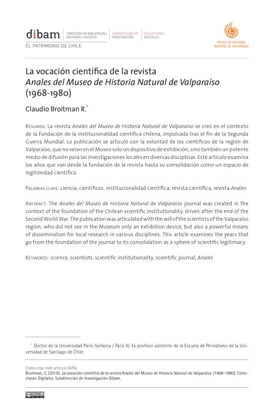 La vocación científica de la revista Anales del Museo de Historia Natural de Valparaíso.