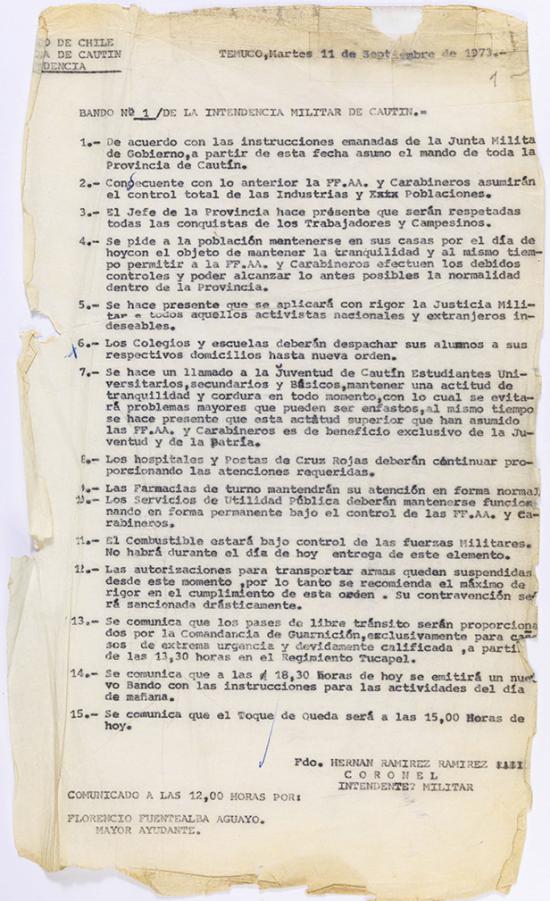 Fondo Intendencia de Cautín [Vol. 1189, bandos n.º 1 al 101, año 1973]