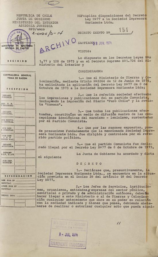 Decreto Exento N.° 154, 28 de junio de 1974