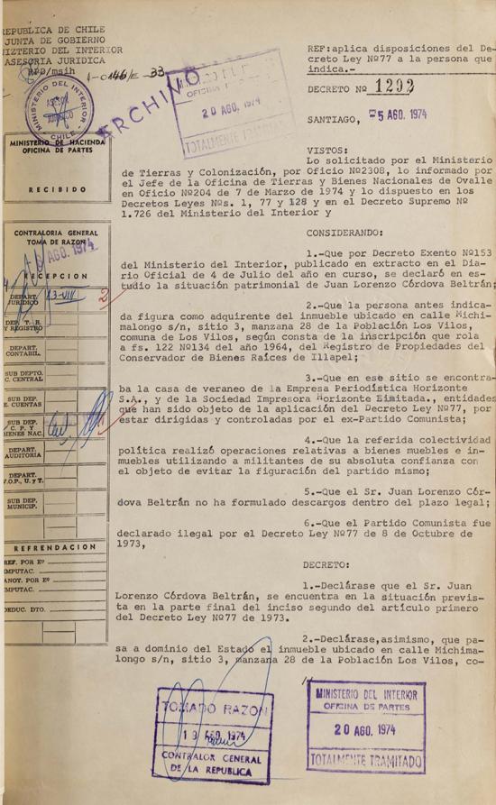 Decreto Supremo N.º 1292, 5 de agosto de 1974