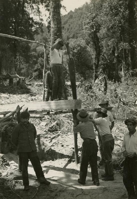 Proceso de aserrío de tablas con la sierra a brazo 