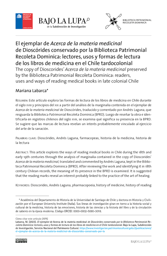 El ejemplar de Acerca de la materia medicinal de Dioscórides conservado por la Biblioteca Patrimonial Recoleta Dominica: lectores, usos y formas de lectura de los libros de medicina en el Chile tardocolonial