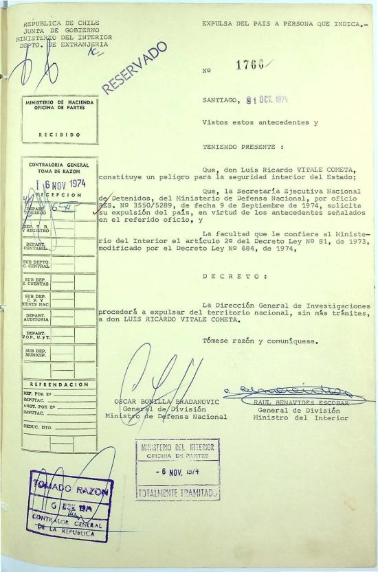 Decreto Reservado N.° 1766, 31 de octubre de 1974