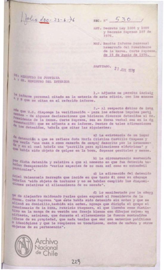 Oficio Secreto N.° 530, 23 de junio de 1976 Oficio Secreto N.° 530, 23 de junio de 1976