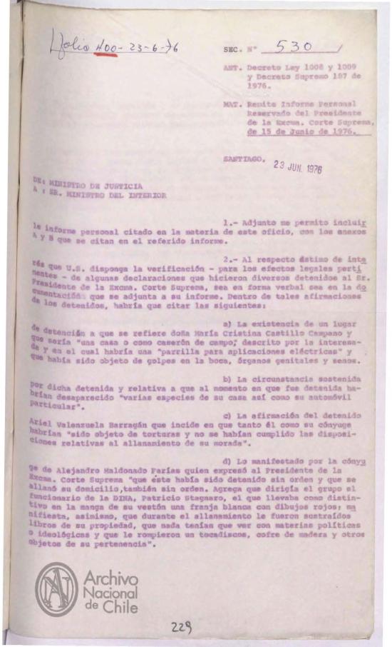 Oficio Secreto N.° 530, 23 de junio de 1976