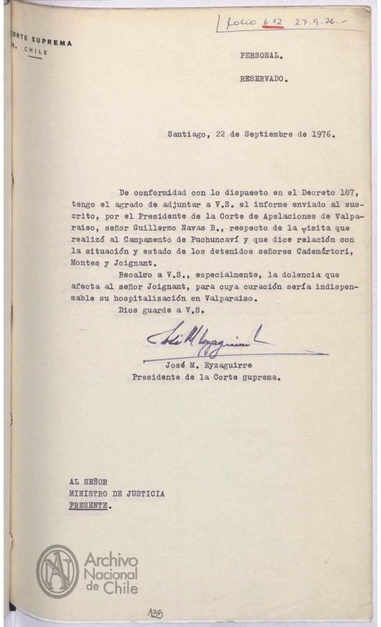 Carta reservada y confidencial, 8 de noviembre de 1976
