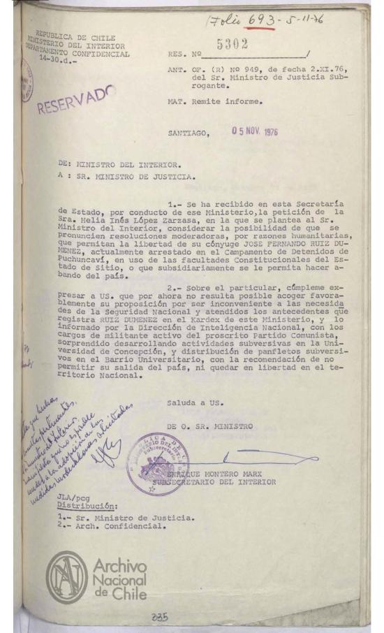 Oficio Reservado N.º 5302, 5 de noviembre de 1976