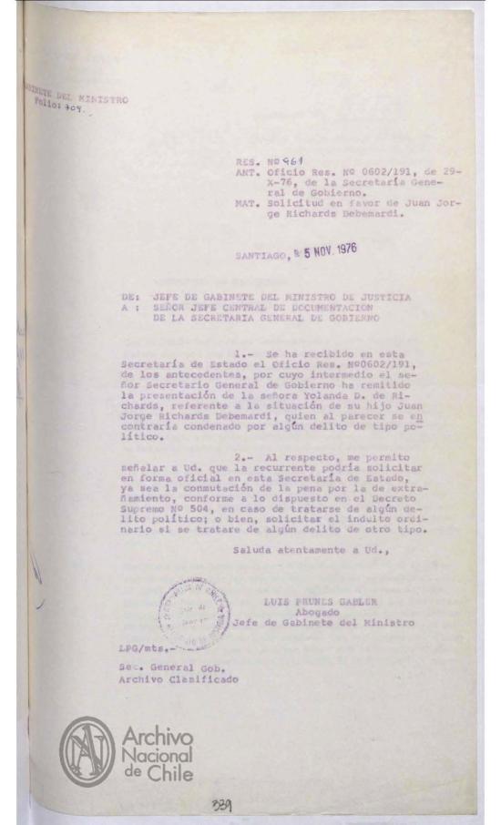 Oficio Reservado N.º 961, 5 de noviembre de 1976