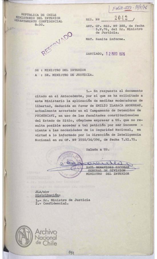 Oficio Reservado N.° 2042, 12 de mayo 1976
