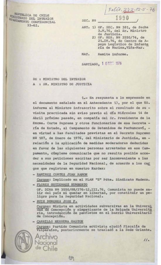Oficio Secreto N.° 1990, 10 de mayo de 1976 Oficio Secreto N.° 1990, 10 de mayo de 1976