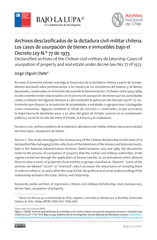 Archivos desclasificados de la dictadura civil-militar chilena. Los casos de usurpación de bienes e inmuebles bajo el Decreto Ley N.° 77 de 1973