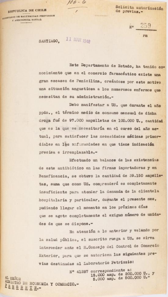 Oficio N.° 259 del 11 de marzo de 1948