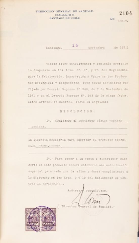Resolución sanitaria N.° 2104 del 15 de noviembre de 1932