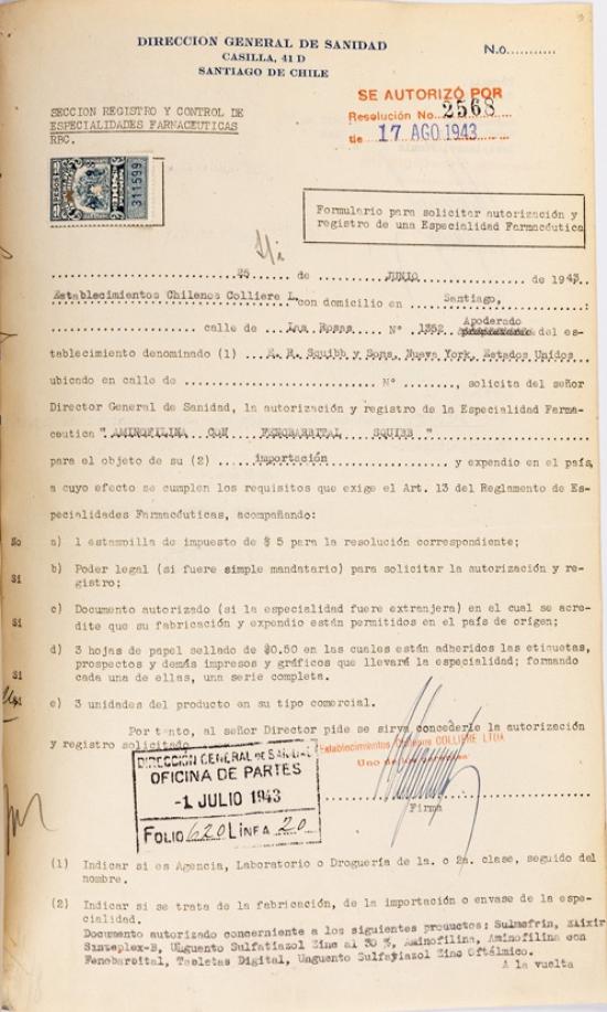 Resolución sanitaria N.° 2568 del 17 de agosto de 1943