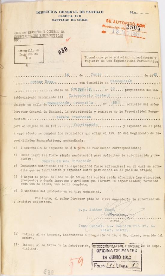 Resolución sanitaria N.° 2505 del 13 de agosto de 1943