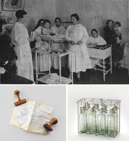 Pesaje de niño, botella y timbre institucional de las Gotas de Leche Sara Braun 
