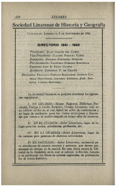Directorio 1941-1942 de la Sociedad Linarense de Historia y Geografía