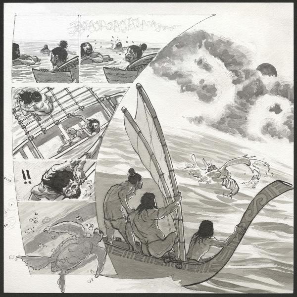 Tres exploradores se encuentran con Honu, el espíritu que los guiará a la isla