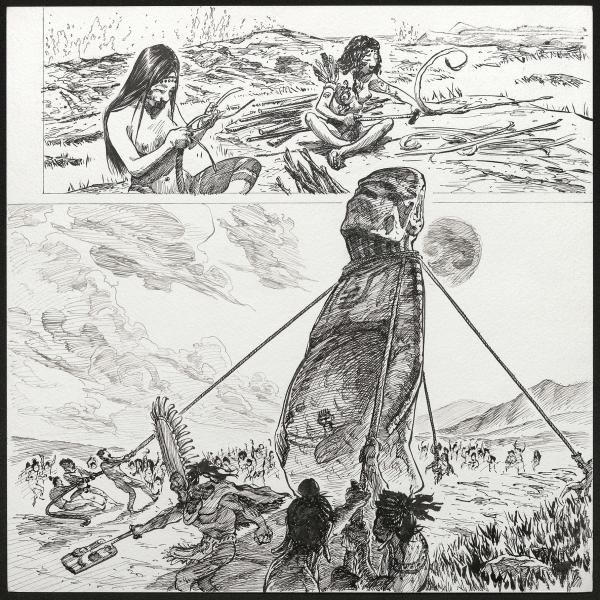 Hombres y mujeres de la isla trabajan en la construcción y ubicación de los moáis