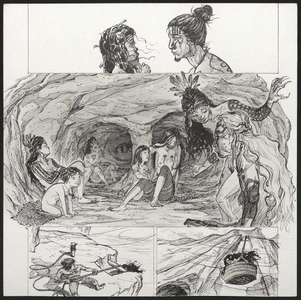 Mahina y su padre se despiden antes de que ella baje a la cueva de las vírgenes