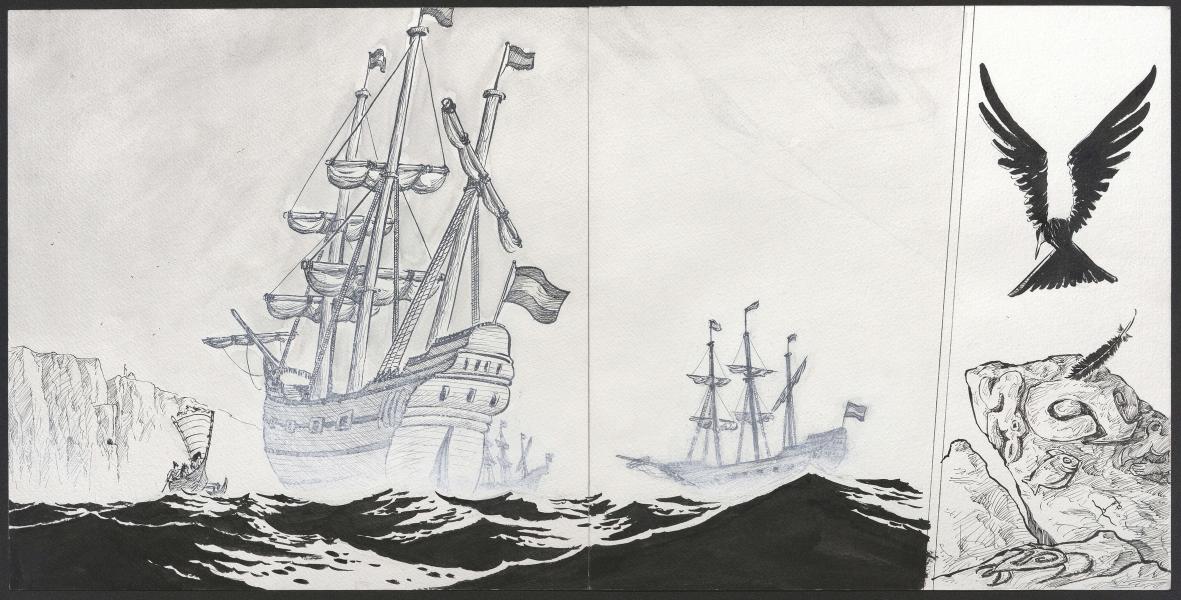 Mientras Mahina y su padre huyen de Rapa Nui, arriban los primeros exploradores europeos